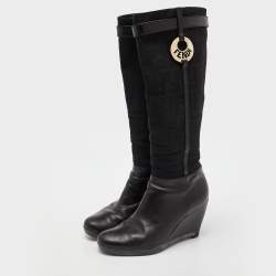Pre Owned Fendi Black Leather and Zucca Fabric Calf Length Wedge Boots Size 37