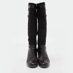 Pre Owned Fendi Black Leather and Zucca Fabric Calf Length Wedge Boots Size 37