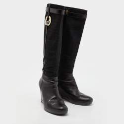 Pre Owned Fendi Black Leather and Zucca Fabric Calf Length Wedge Boots Size 37