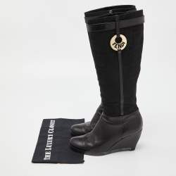 Pre Owned Fendi Black Leather and Zucca Fabric Calf Length Wedge Boots Size 37