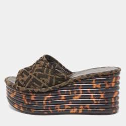 Fendi Brown/Green Zucca Canvas Promenade Wedge Platform Slide Sandals Size 39