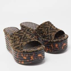 Fendi Brown/Green Zucca Canvas Promenade Wedge Platform Slide Sandals Size 39