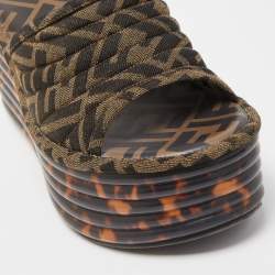 Fendi Brown/Green Zucca Canvas Promenade Wedge Platform Slide Sandals Size 39