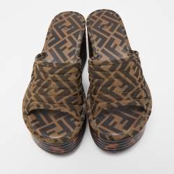 Fendi Brown/Green Zucca Canvas Promenade Wedge Platform Slide Sandals Size 39