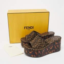 Fendi Brown/Green Zucca Canvas Promenade Wedge Platform Slide Sandals Size 39