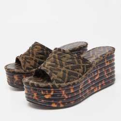 Fendi Brown/Green Zucca Canvas Promenade Wedge Platform Slide Sandals Size 39