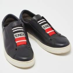 Pre Owned Fendi Black Leather and Logo Knit Rockoclick Slip On Sneakers Size 37