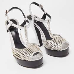 Pre Owned Fendi Metallic Silver Laser Cut Leather T-Strap Peep Toe Platform Sandals Size 40