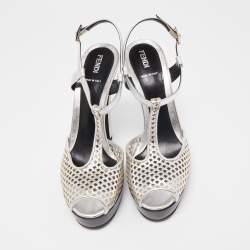 Pre Owned Fendi Metallic Silver Laser Cut Leather T-Strap Peep Toe Platform Sandals Size 40