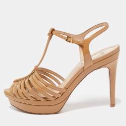 Fendi Beige Patent Leather Strappy Platform Sandals Size 38