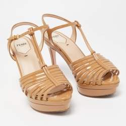 Fendi Beige Patent Leather Strappy Platform Sandals Size 38