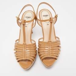 Fendi Beige Patent Leather Strappy Platform Sandals Size 38