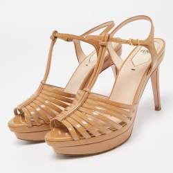 Fendi Beige Patent Leather Strappy Platform Sandals Size 38