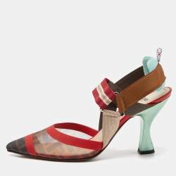 Fendi Brown/Red Mesh and Canvas Colibri Slingback Pumps Size 39