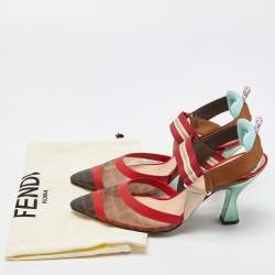 Fendi Brown/Red Mesh and Canvas Colibri Slingback Pumps Size 39