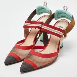 Fendi Brown/Red Mesh and Canvas Colibri Slingback Pumps Size 39