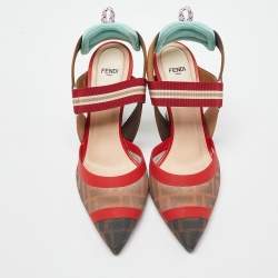Fendi Brown/Red Mesh and Canvas Colibri Slingback Pumps Size 39