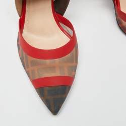 Fendi Brown/Red Mesh and Canvas Colibri Slingback Pumps Size 39