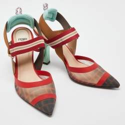 Fendi Brown/Red Mesh and Canvas Colibri Slingback Pumps Size 39