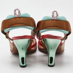 Fendi Brown/Red Mesh and Canvas Colibri Slingback Pumps Size 39