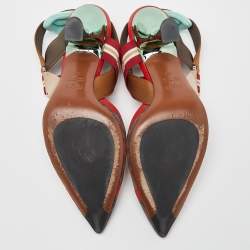 Fendi Brown/Red Mesh and Canvas Colibri Slingback Pumps Size 39