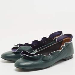 Pre Owned Fendi Green/Blue Leather Ruffle Detail Ballet Flats Size 38.5