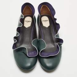 Pre Owned Fendi Green/Blue Leather Ruffle Detail Ballet Flats Size 38.5