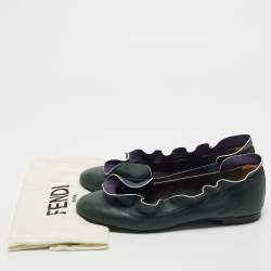 Pre Owned Fendi Green/Blue Leather Ruffle Detail Ballet Flats Size 38.5