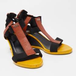 Fendi Brown/Yellow Lizard Embossed  Leather T-Strap Espadrille Wedge Sandals Size 38.5