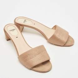 Pre Owned Fendi Beige Satin Logo Slides Size 37.5