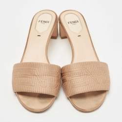Pre Owned Fendi Beige Satin Logo Slides Size 37.5