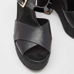 Pre Owned Fendi Black Lizard Embossed Leather and Patent Cork Wedge Platform Ankle Strap Sandals Size 39.5