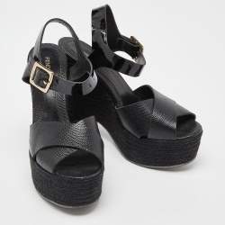 Pre Owned Fendi Black Lizard Embossed Leather and Patent Cork Wedge Platform Ankle Strap Sandals Size 39.5