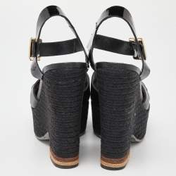 Pre Owned Fendi Black Lizard Embossed Leather and Patent Cork Wedge Platform Ankle Strap Sandals Size 39.5