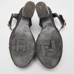 Pre Owned Fendi Black Lizard Embossed Leather and Patent Cork Wedge Platform Ankle Strap Sandals Size 39.5