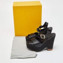 Pre Owned Fendi Black Lizard Embossed Leather and Patent Cork Wedge Platform Ankle Strap Sandals Size 39.5