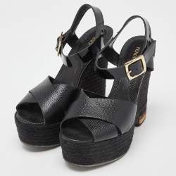 Pre Owned Fendi Black Lizard Embossed Leather and Patent Cork Wedge Platform Ankle Strap Sandals Size 39.5