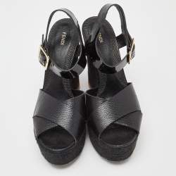 Pre Owned Fendi Black Lizard Embossed Leather and Patent Cork Wedge Platform Ankle Strap Sandals Size 39.5