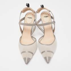 Pre Owned Fendi Grey Satin and Net Colibri Lite Slingback Pumps Size 37