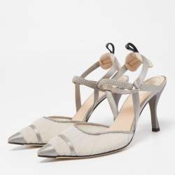 Pre Owned Fendi Grey Satin and Net Colibri Lite Slingback Pumps Size 37