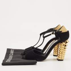 Fendi Black/Gold Suede And Embossed Leather Studded Heel T-Strap Sandals Size 38