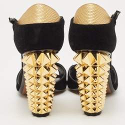 Fendi Black/Gold Suede And Embossed Leather Studded Heel T-Strap Sandals Size 38