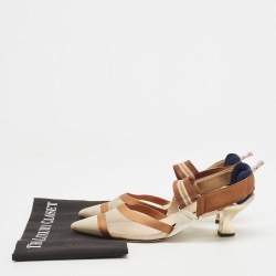 Pre Owned Fendi Brown/Beige Zucca Mesh, Leather and Canvas Colibri Pumps Size 38