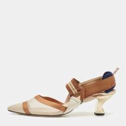 Pre Owned Fendi Brown/Beige Zucca Mesh, Leather and Canvas Colibri Pumps Size 38