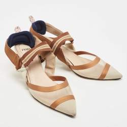 Pre Owned Fendi Brown/Beige Zucca Mesh, Leather and Canvas Colibri Pumps Size 38