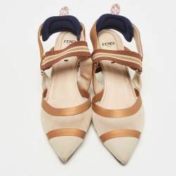 Pre Owned Fendi Brown/Beige Zucca Mesh, Leather and Canvas Colibri Pumps Size 38
