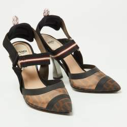 Pre Owned Fendi Brown Zucca Mesh and Canvas Colibri Slingback Pumps Size 36