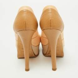 Pre Owned Fendi Tri Color Fendista Colorblock Lizard-Embossed Leather Peep Toe Platform Pumps Size 36.5