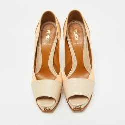 Pre Owned Fendi Tri Color Fendista Colorblock Lizard-Embossed Leather Peep Toe Platform Pumps Size 36.5