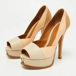 Pre Owned Fendi Tri Color Fendista Colorblock Lizard-Embossed Leather Peep Toe Platform Pumps Size 36.5